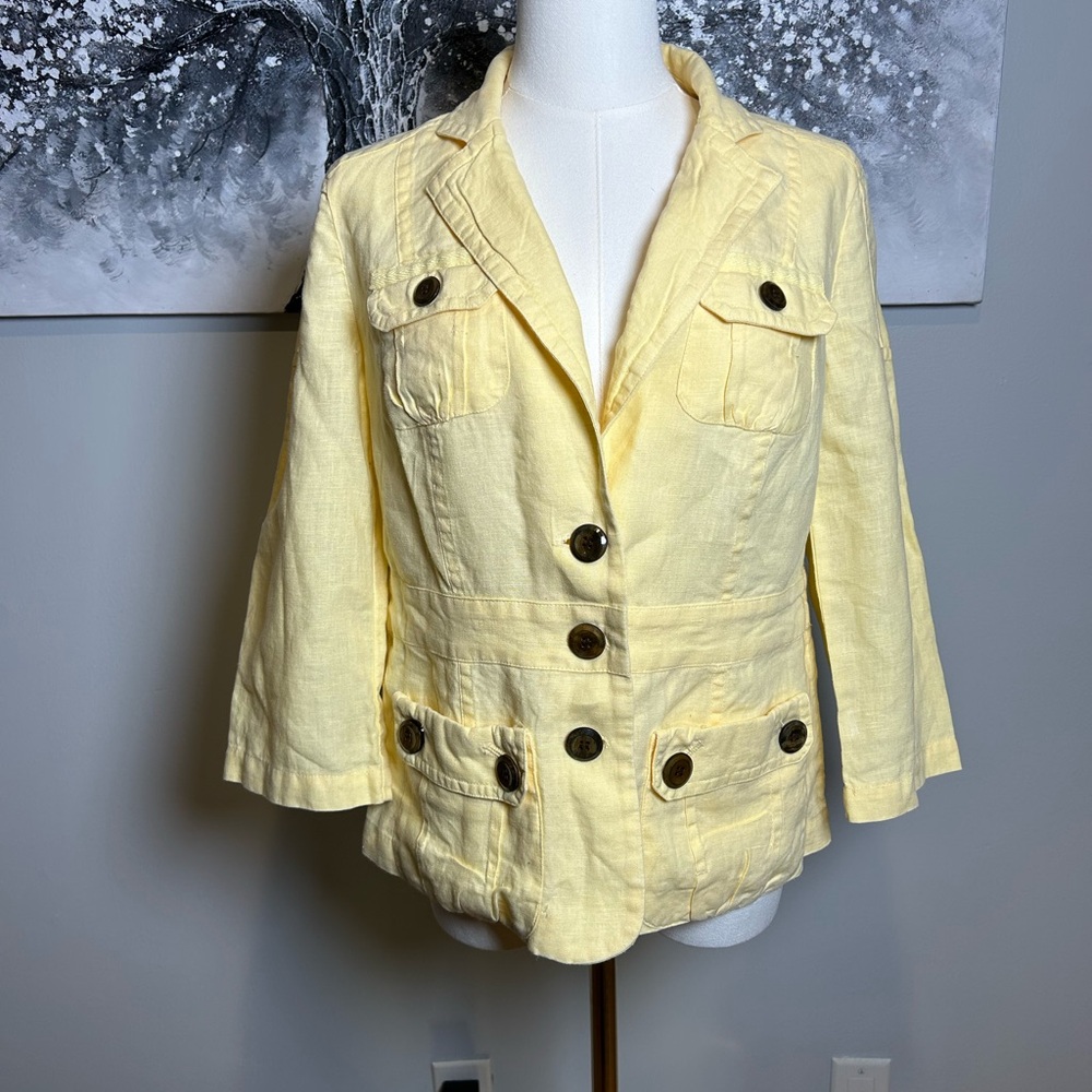 Chico's Yellow linen utility jacket Women's size 0 button front lightweight